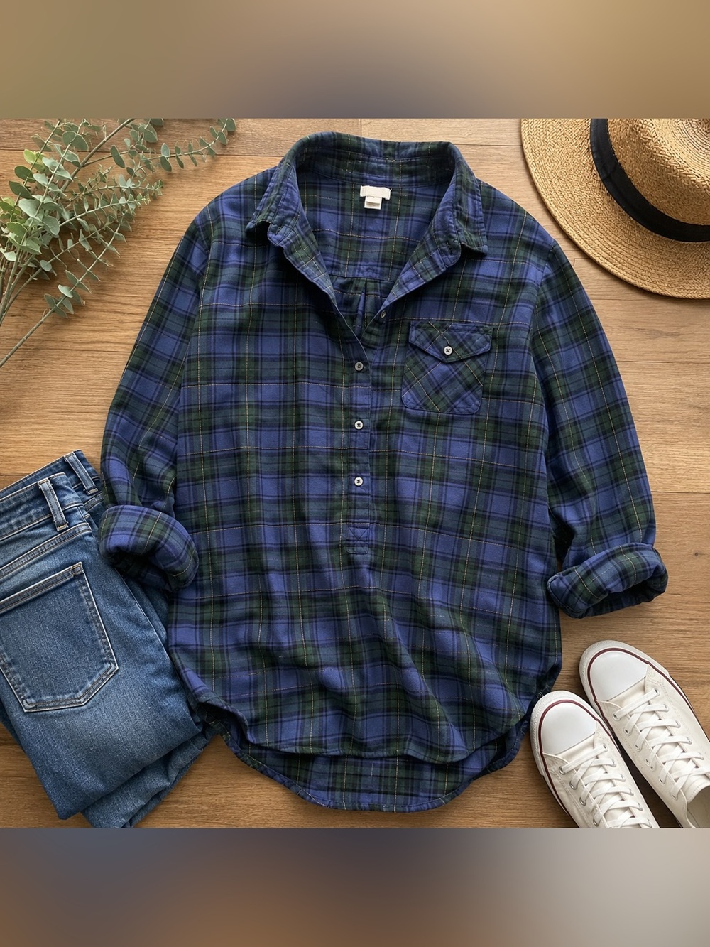 J.Crew Blue Green Plaid Popover Shirt M Gold Metallic Thread Cotton Blend Tunic